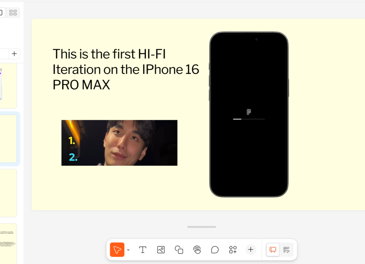Slide showing text that says 'This is the first HI-FI Iteration on the iPhone 16 PRO MAX', a photo of a young man with dark hair, and a black iPhone 16 PRO MAX displaying an Apple logo