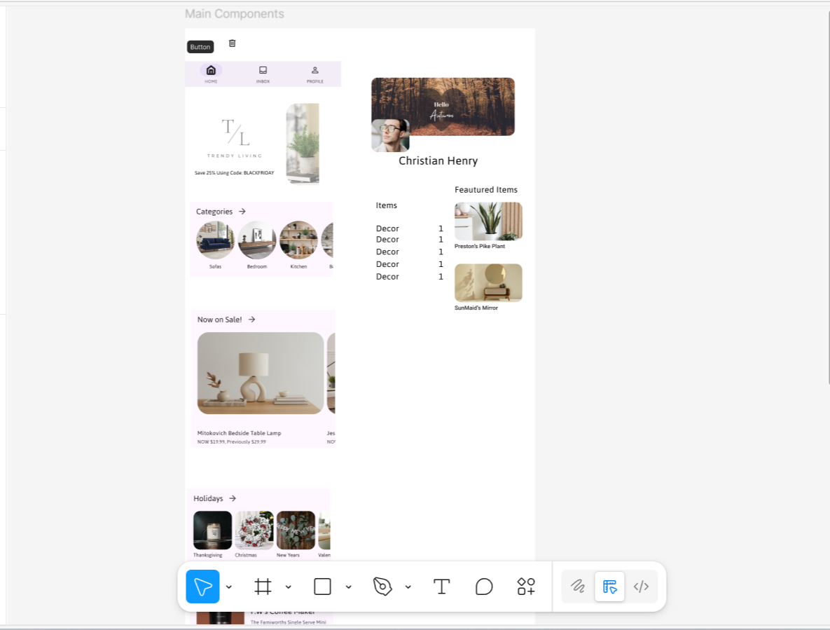 Screenshot of a home decor website featuring categories like sofas, bedroom, kitchen, and bathroom, a sale promotion for a bedside table lamp, and holiday themed decorations for Thanksgiving, Christmas, New Year's, and Valentine's Day. The user profile, navigation menu, and featured items are visible.