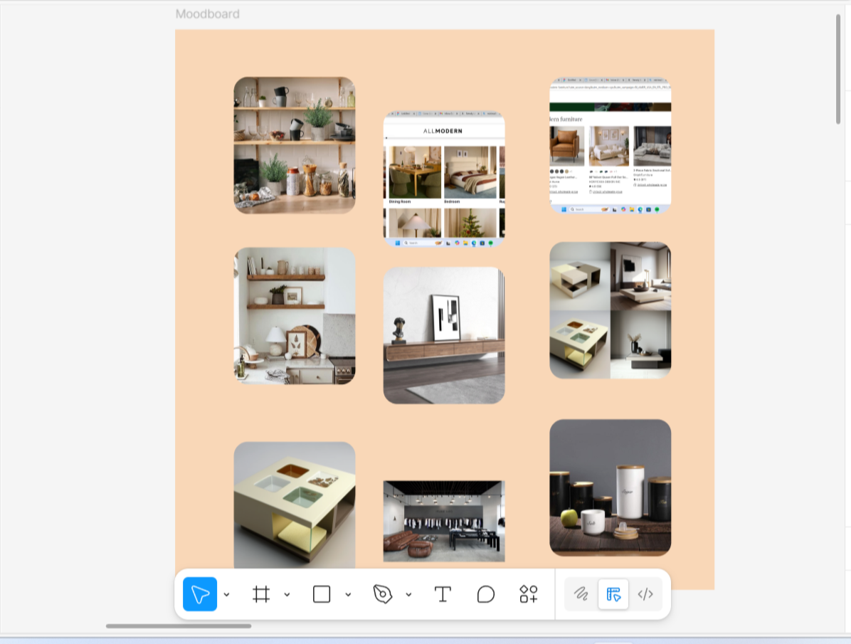 A digital mood board featuring various home decor and furniture images, including shelves with plants, a bedroom, living rooms, coffee tables, and decorative items on a peach background.