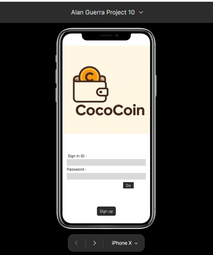 Screenshot of a mobile app login screen for CocoCoin on an iPhone X, showing a wallet icon with a coin, fields for user ID and password, and buttons for 'Go' and 'Sign up'.