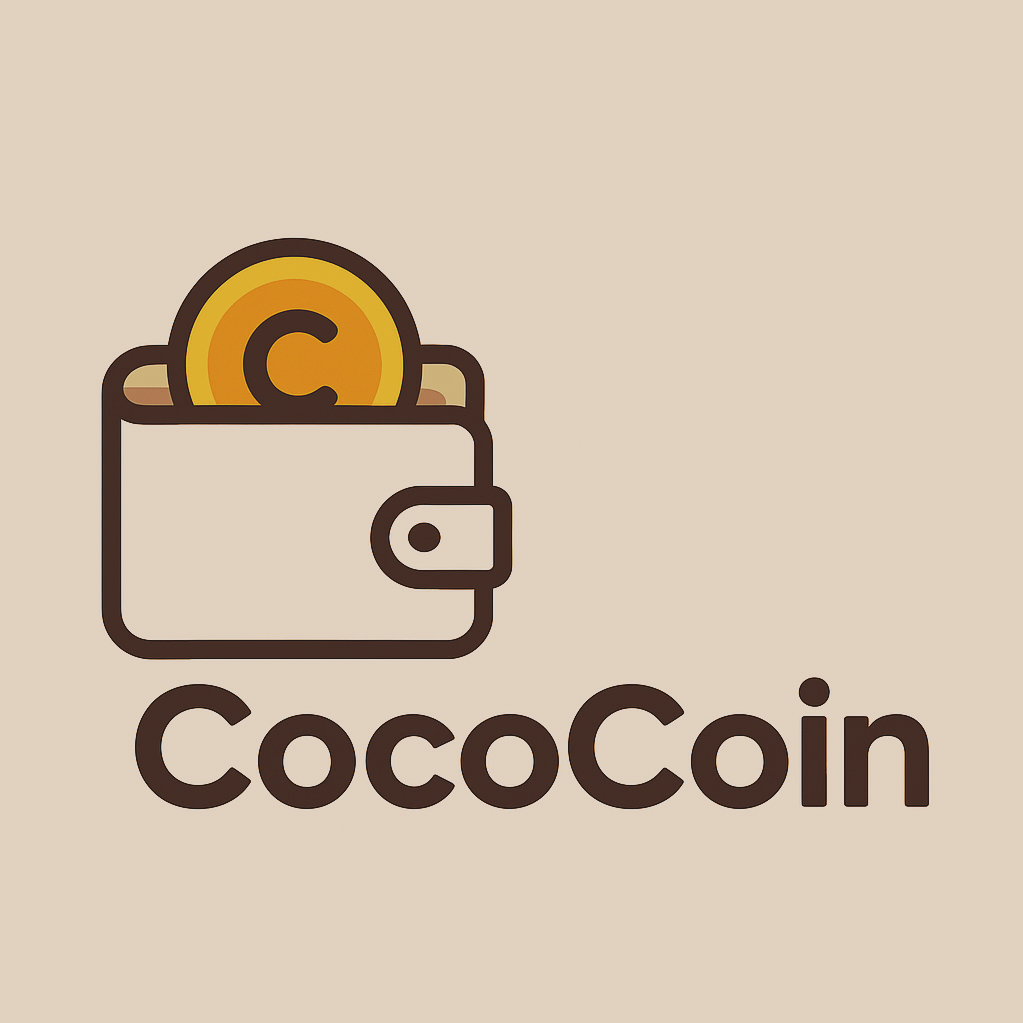 Logo of CocoCoin featuring a wallet with a coin inside and the text 'CocoCoin' underneath, on a beige background.