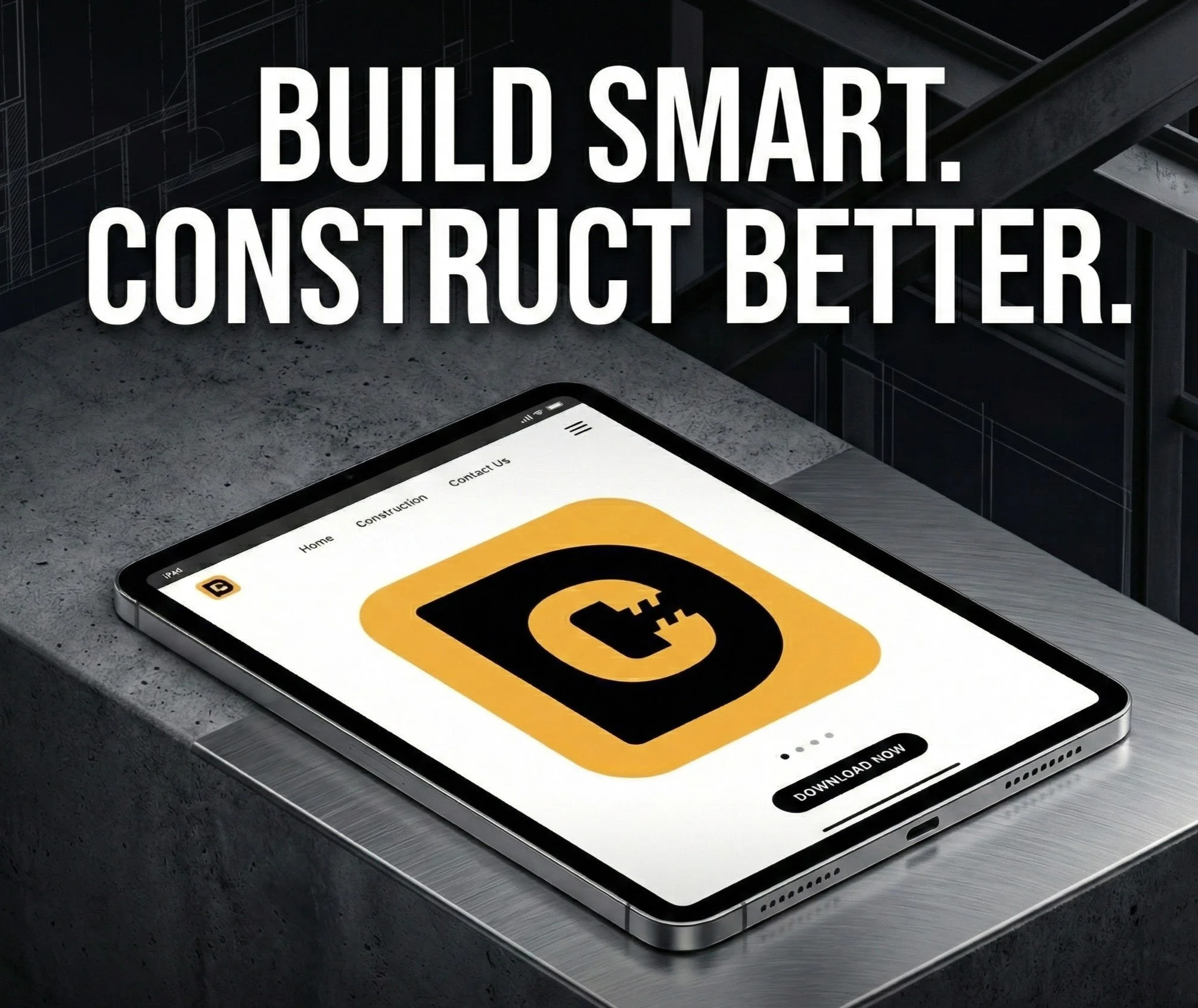 A smartphone displaying a construction app with a yellow and black logo, placed on a concrete surface. The text above reads: 'Build smart. Construct better.'