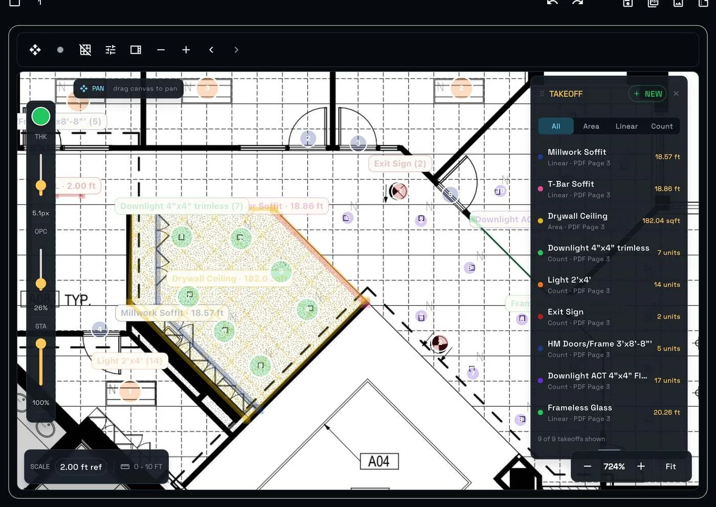 An iPad running Dimecraft with a floor plan, takeoff markers and a takeoff panel of live quantities.