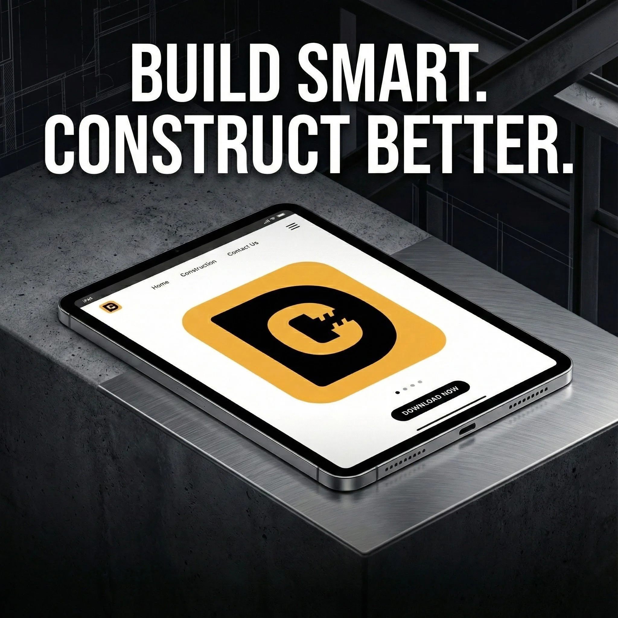 iPad flat on a concrete surface displaying Dimecraft app icon with the slogan "Build Smart. Construct Better."