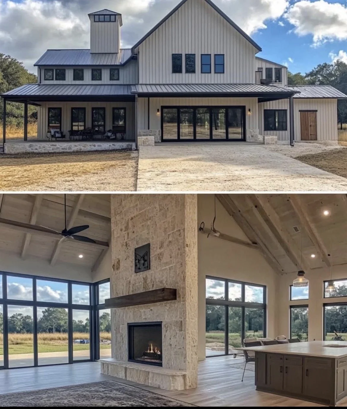Exterior view of a modern farmhouse with a metal roof, large windows, and a front porch, set in a rural landscape. Interior view of a spacious living room with a stone fireplace, large windows, and a vaulted ceiling with exposed beams.