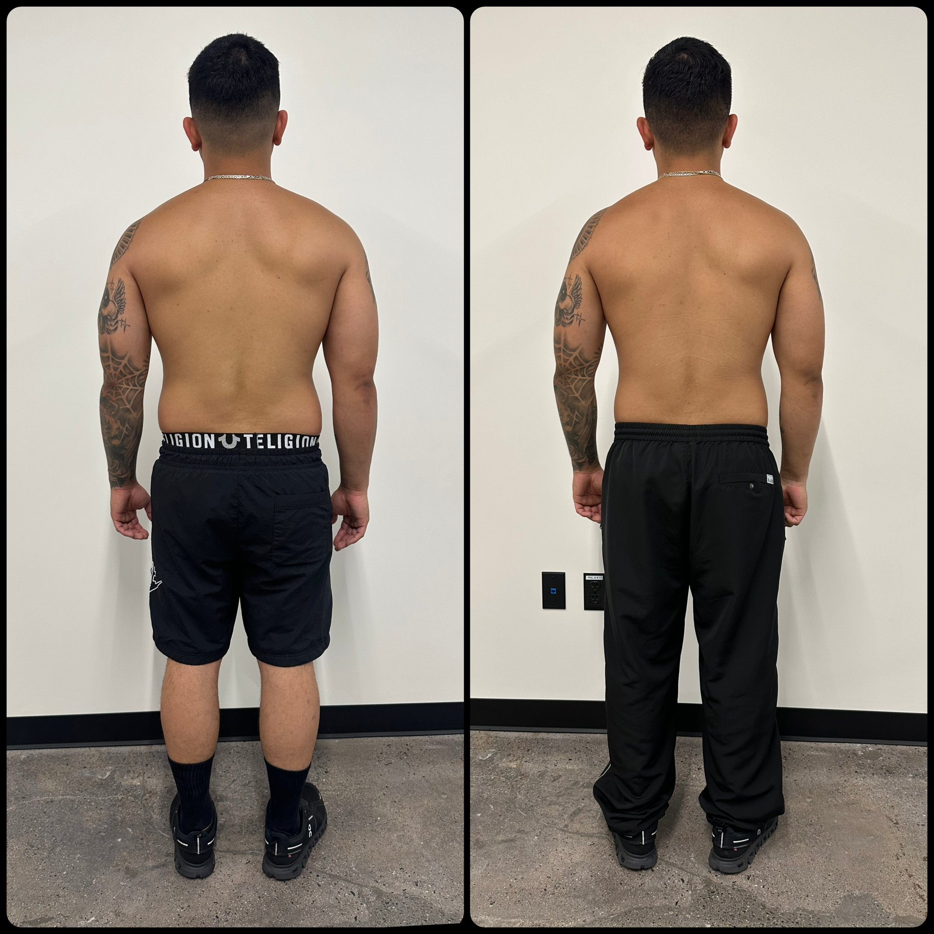 Side-by-side comparison of a shirtless man with tattoos, standing against a plain white wall, showing transformation from before to after a fitness or weight loss program. In the before photo, he is wearing shorts and black sneakers. In the after photo, he is wearing long black pants and black sneakers.