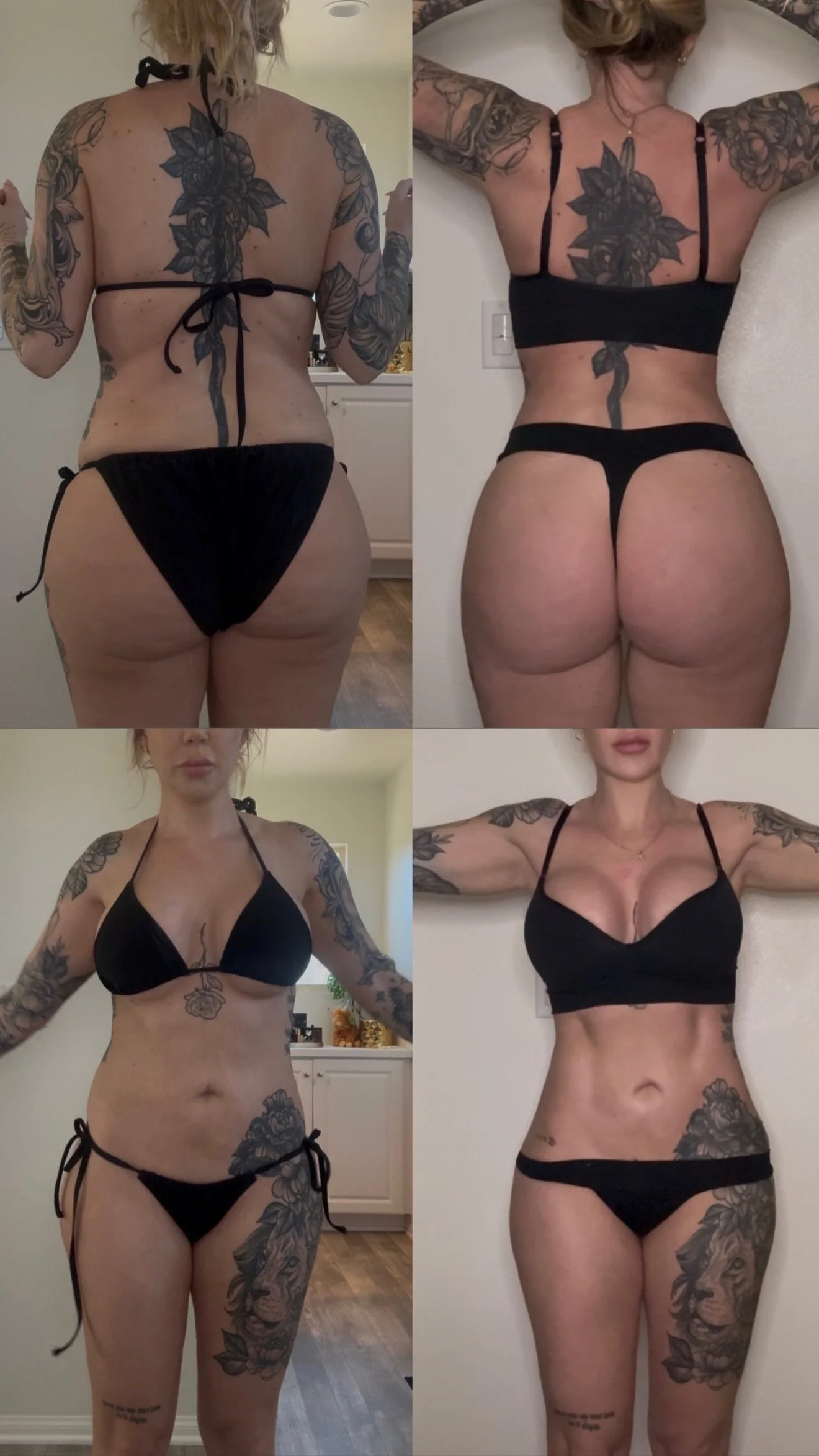Fitness transformation collage of female client with tattoos in black underwear, showing front and back progress photos at Self Made Training Facility Temecula Valley—highlighting strength training, fat loss, and body transformation results.