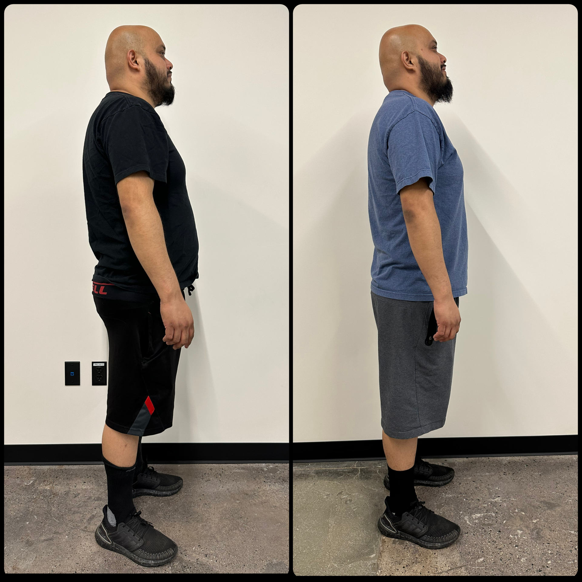 Side-by-side comparison of a man in athletic clothing, black on the left with shorts and a black t-shirt, and blue on the right wearing shorts and a blue t-shirt, standing against a white wall.