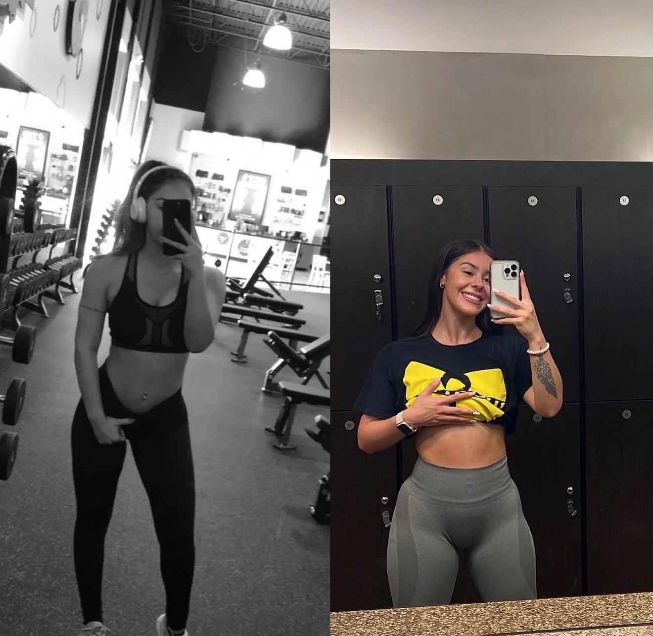 Side-by-side mirror selfies of a woman in a gym, showing her workout progress. The left in black and white, the right in color, highlighting her slim waist and toned physique.