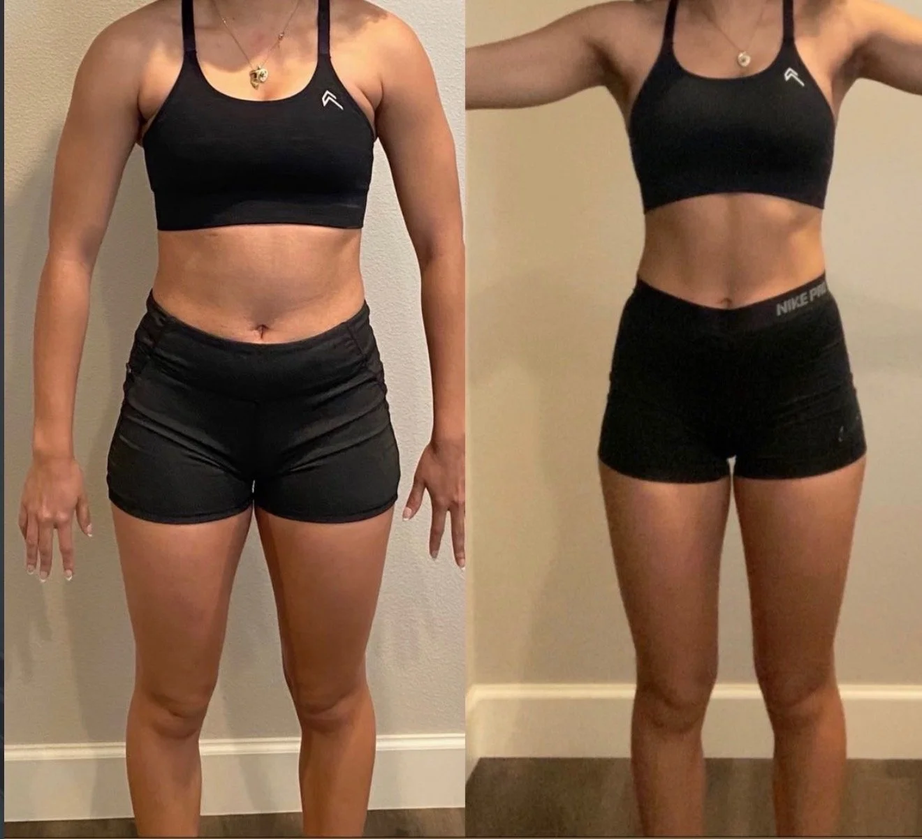 Side-by-side comparison of a woman's body before and after fitness progress, wearing black sports bra and shorts, showing weight loss and toned physique.