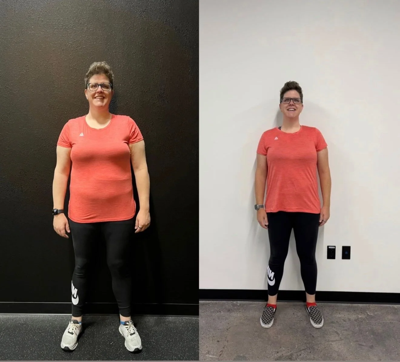 Side-by-side comparison of a woman before and after fitness or weight loss journey. In the first photo, she has a fuller face and body, wearing a coral t-shirt, black leggings, and sneakers, standing in front of a black wall. In the second photo, she has a slimmer face and body, wearing the same coral t-shirt, black leggings, and slip-on shoes, standing against a white wall.