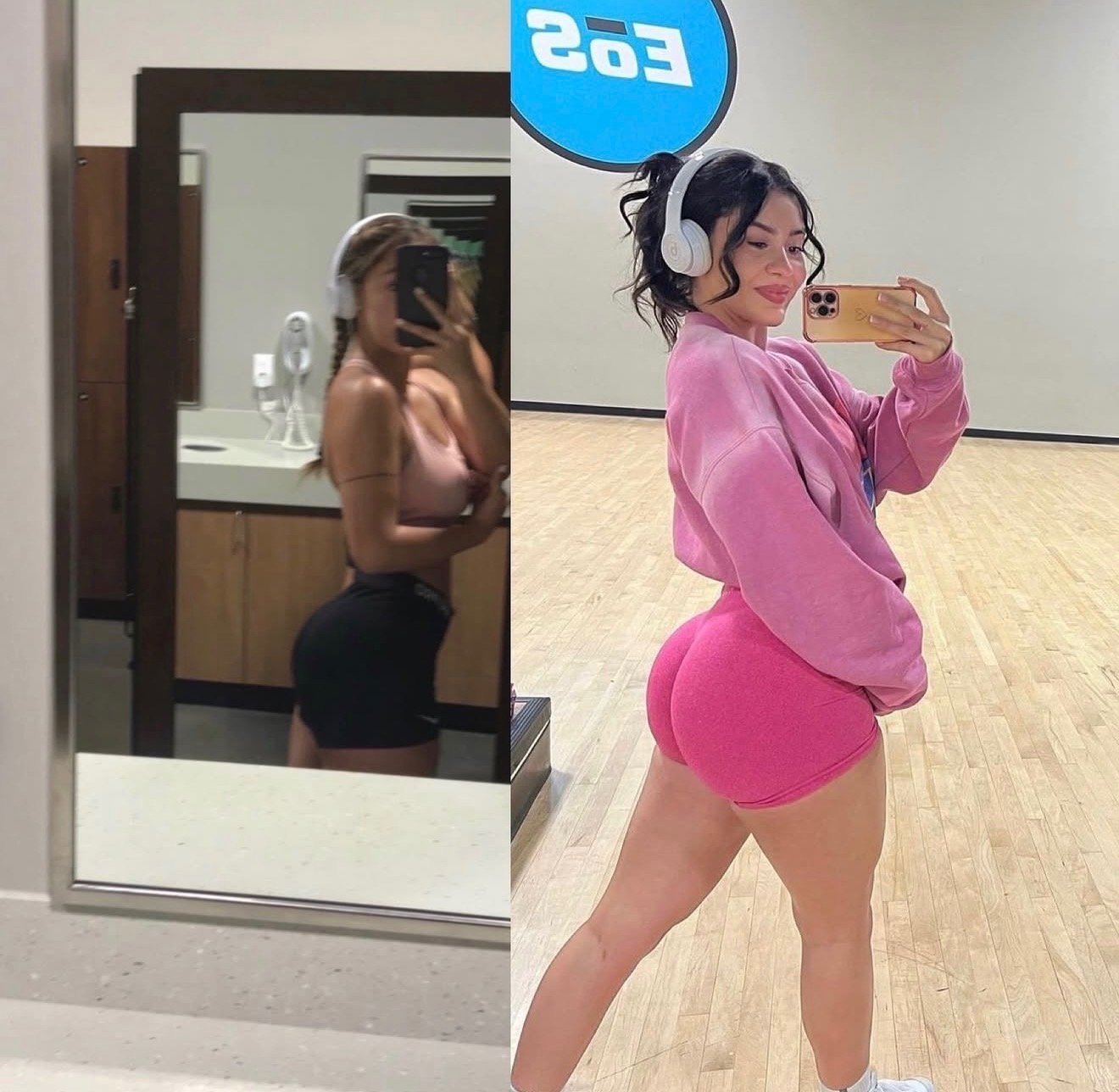 Side-by-side mirror selfies of a woman in workout clothes, showing her before and after fitness progress. In the left image, she is wearing a pink sports bra, black shorts, and headphones, with her hair in a braid. In the right image, she is wearing a pink sweatshirt, pink shorts, and headphones, with her hair in loose curls, posing in a gym.