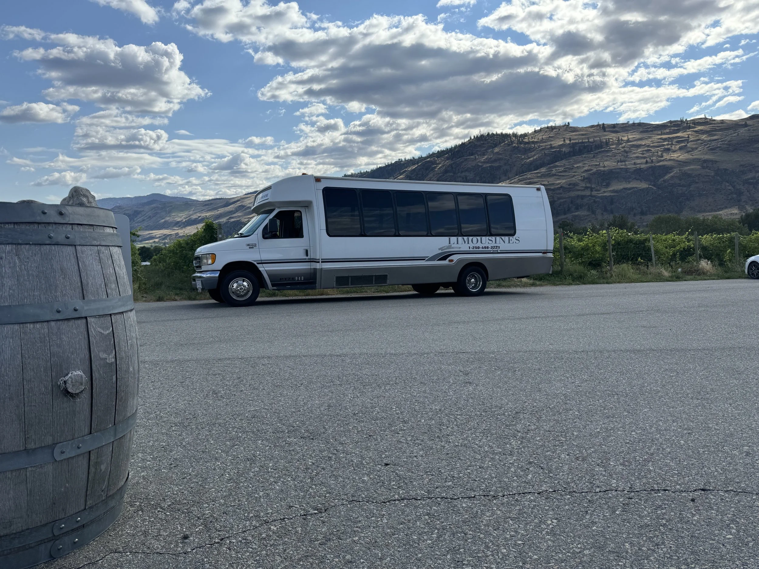 A white limousine bus parked on a rural road with mountains and cloudy sky in the background.