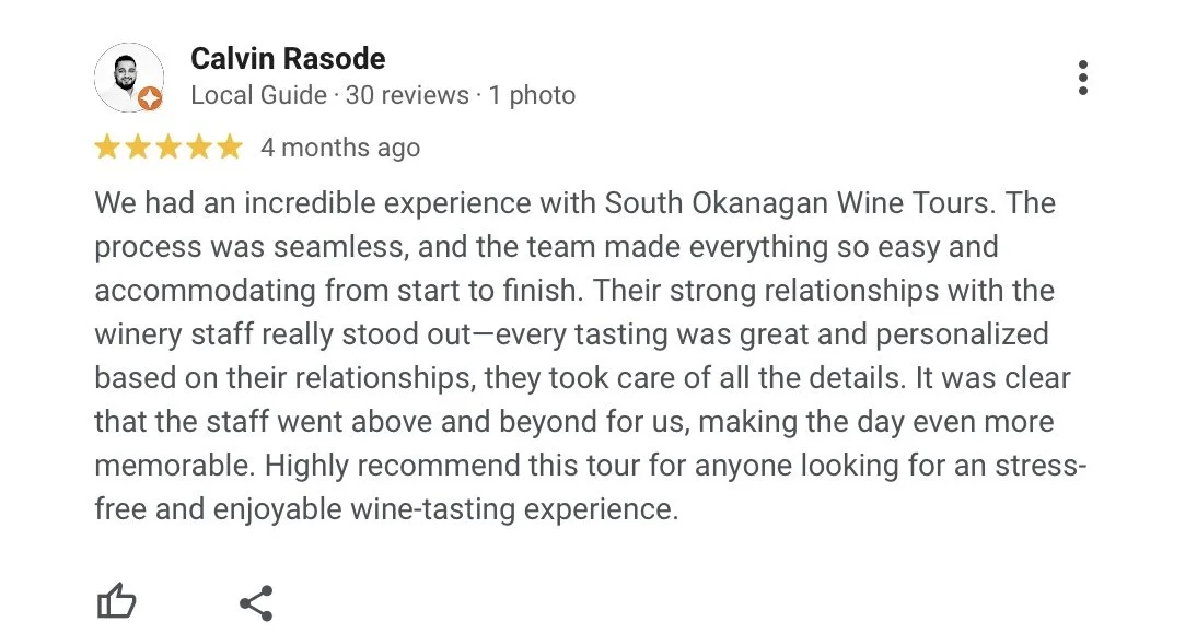 Review of South Okanagan Wine Tours highlighting a seamless wine tasting experience and friendly staff.