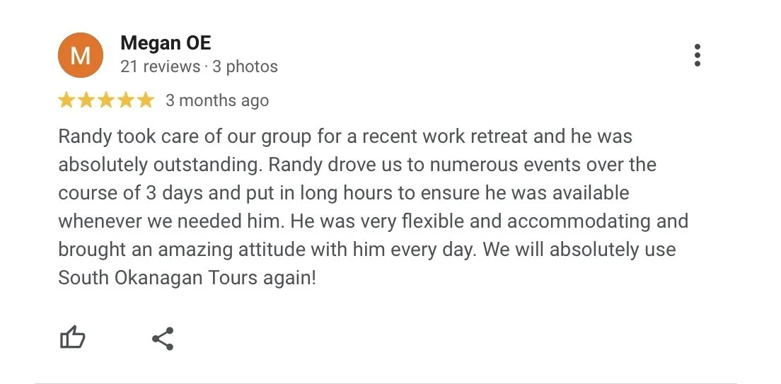 Screenshot of a positive customer review for South Okanagan Tours written by Megan OE, praising Randy for his flexible and accommodating service during a work retreat.