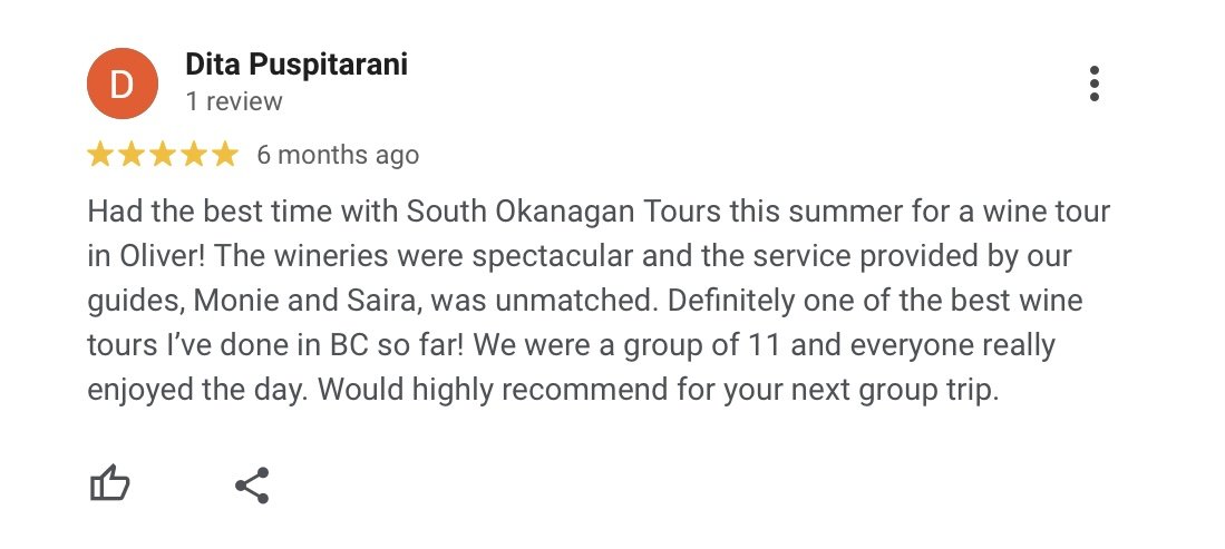 Screenshot of a five-star review for South Okanagan Tours mentioning a wine tour in Oliver, with positive comments about the wineries and guides.