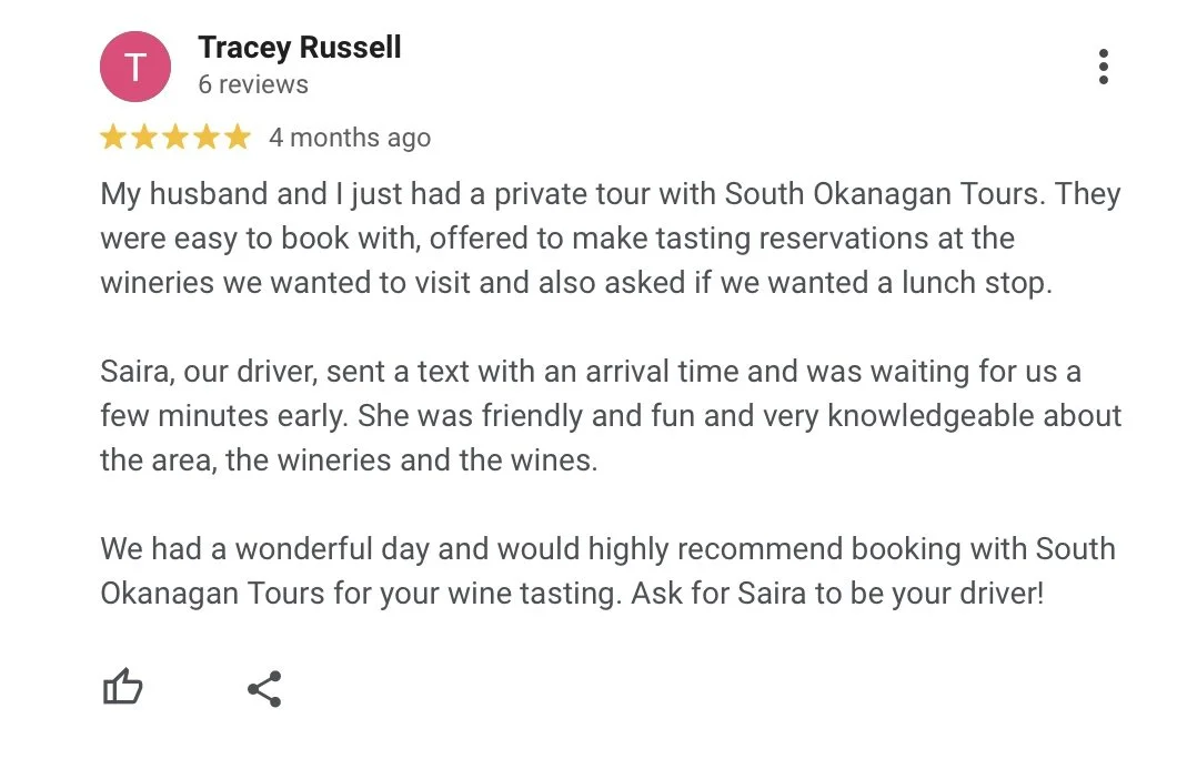 Review of a private wine tasting tour with South Okanagan Tours, mentioning a friendly driver named Saira and recommending the experience.