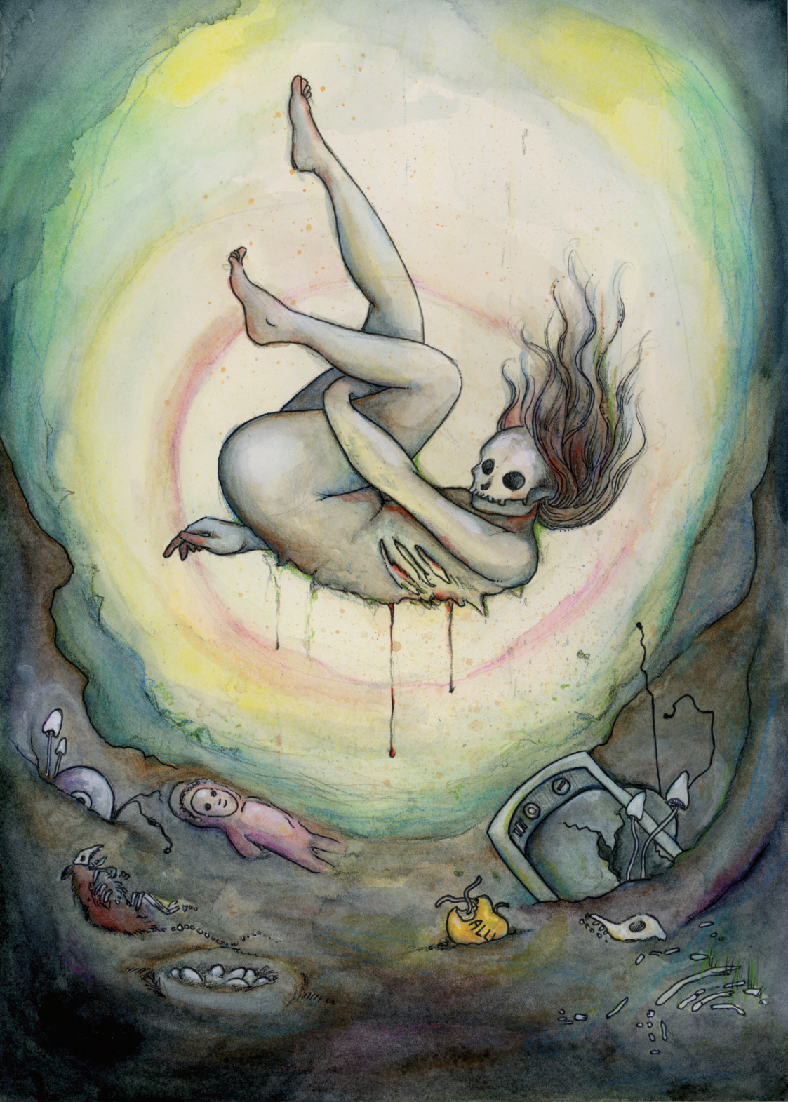 A surreal illustration of a skeleton with long hair embracing a naked woman inside a swirling, glowing vortex or portal. The ground outside is littered with trash, including a broken television, a yellow bag, and scattered mushrooms, creating a dystopian atmosphere.