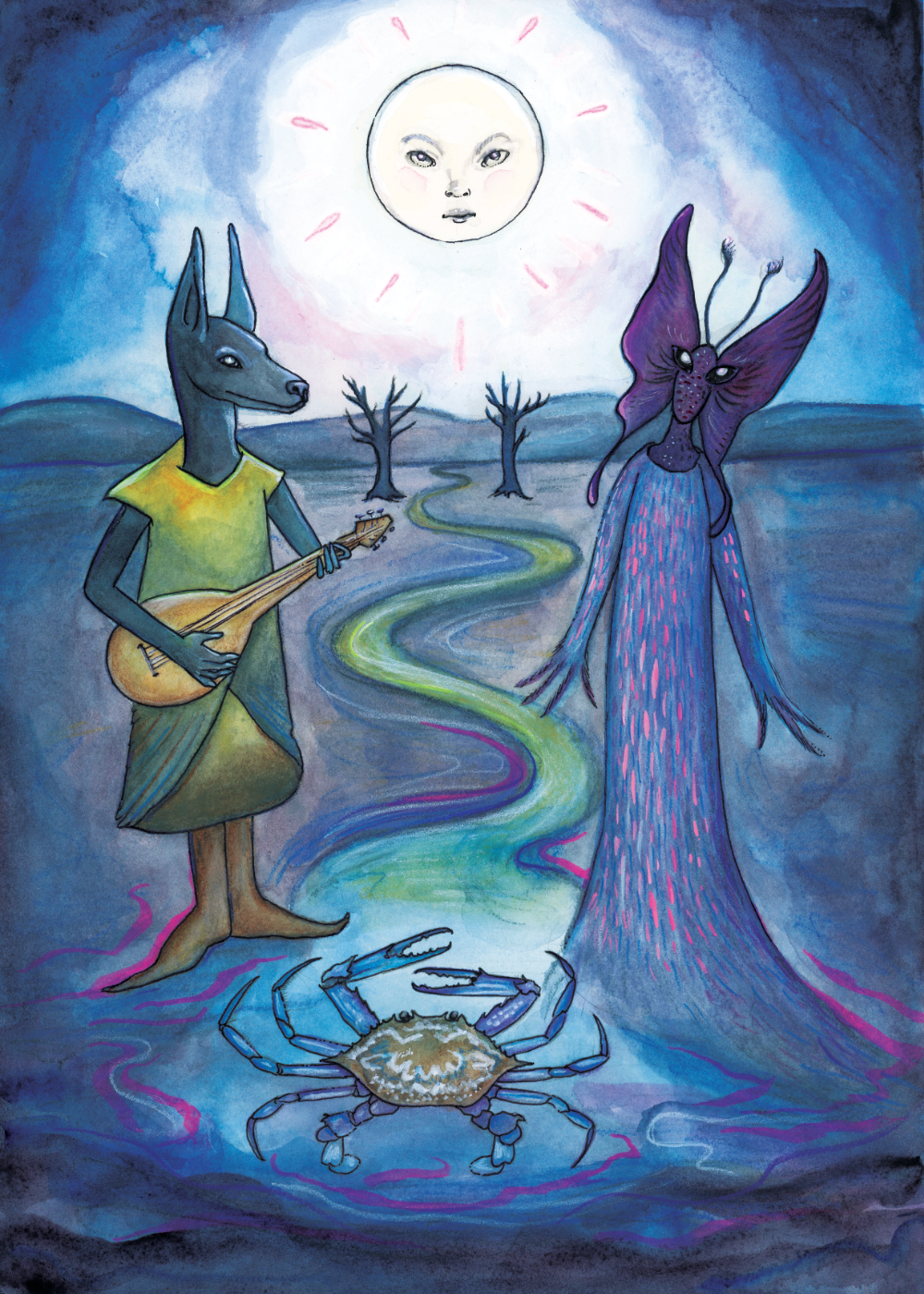 An artistic fantasy scene with a gray dog-like creature playing a guitar and a purple insect-like creature wearing a dress, standing in a barren landscape with leafless trees and a winding rainbow-colored river. A crab is on the ground in front of them. In the sky, there is a large moon with a human face and a glowing aura.