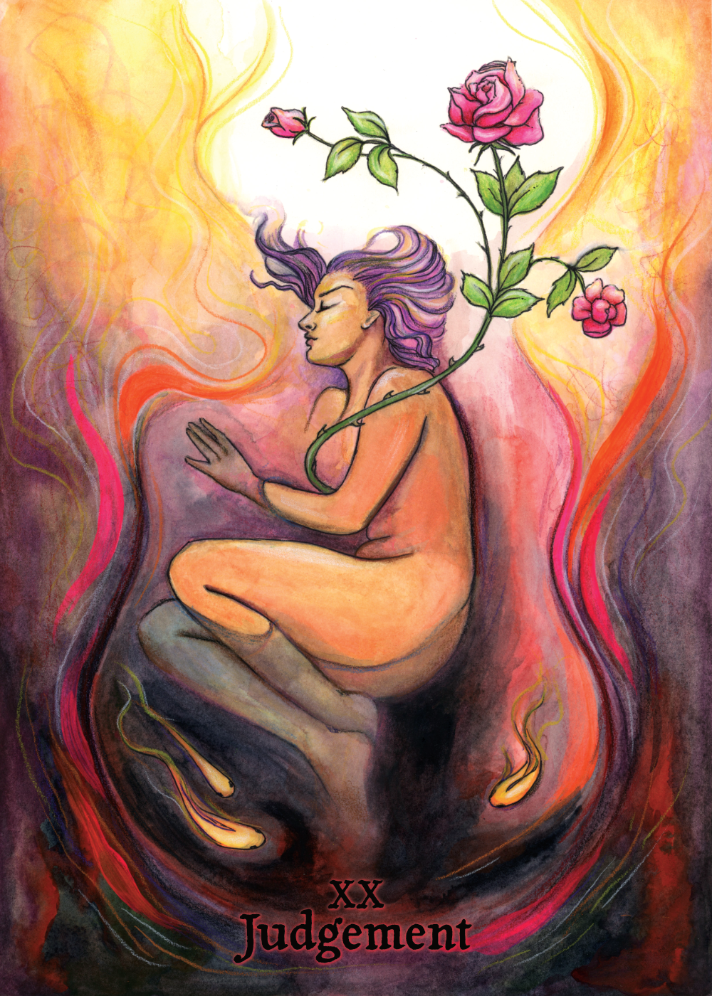 Artistic illustration of a woman with purple hair sitting with her eyes closed, surrounded by swirling colors. A large pink rose with green stems and leaves grows from her torso. The bottom of the image features the text 'XX Judgment' in black.