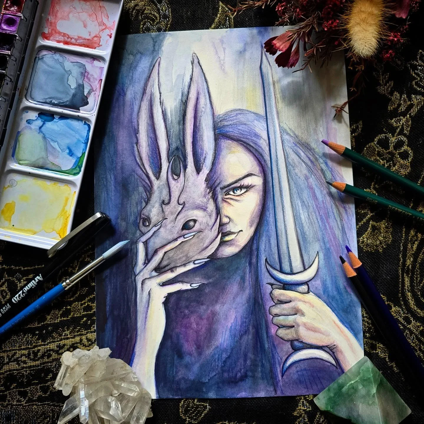 Queen of Swords with her gaze that is sharp as a knife. 

#kallistitarot #tarotartist #queenofswords