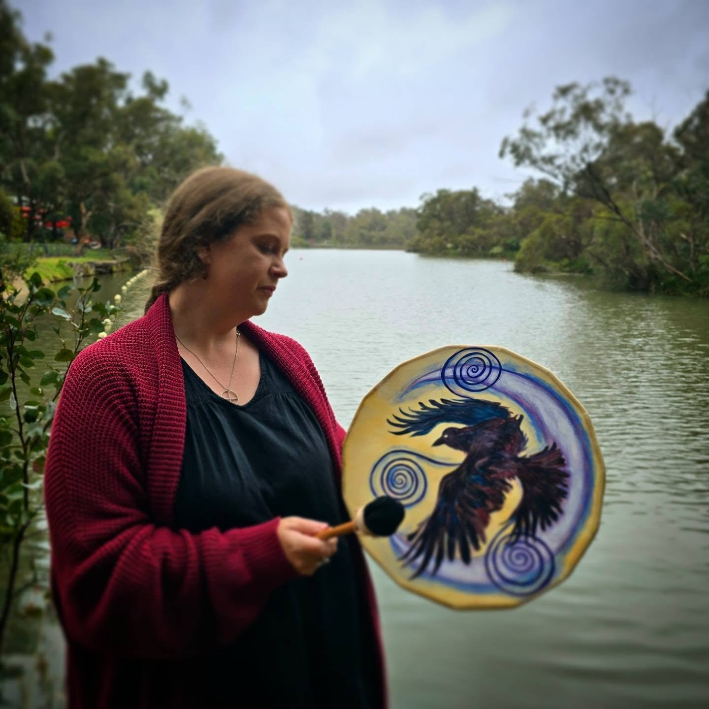 @the_wandering_witch with the drum I painted for her... only took us a year to get a photo! 💙 #themorrigan #paganart #witchesdownunder