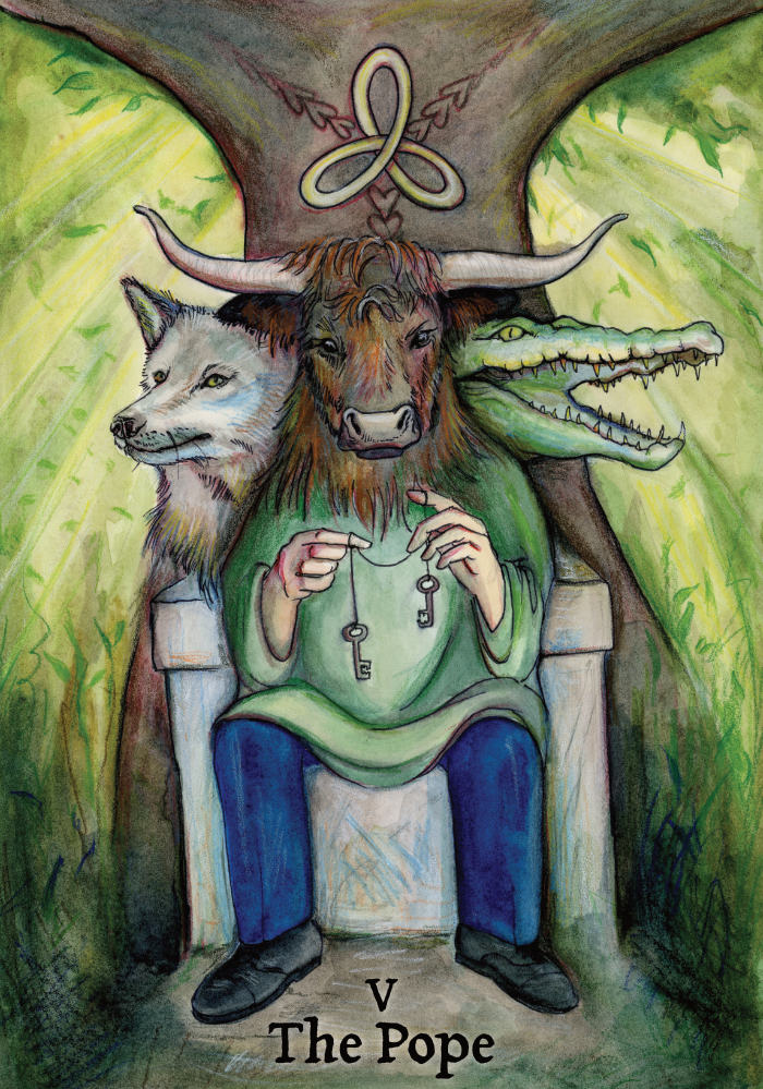 A person with a green robe and blue pants sitting on a throne with a wolf's head on the left, a bison's head on the center, and a crocodile's head on the right, surrounded by a green forest background, with a crown above and holding keys.
