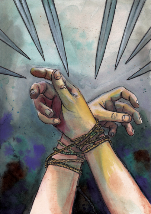 Painting of two hands bound with rope, reaching upward towards large sharp stakes or spikes above, with a stormy or cloudy background.