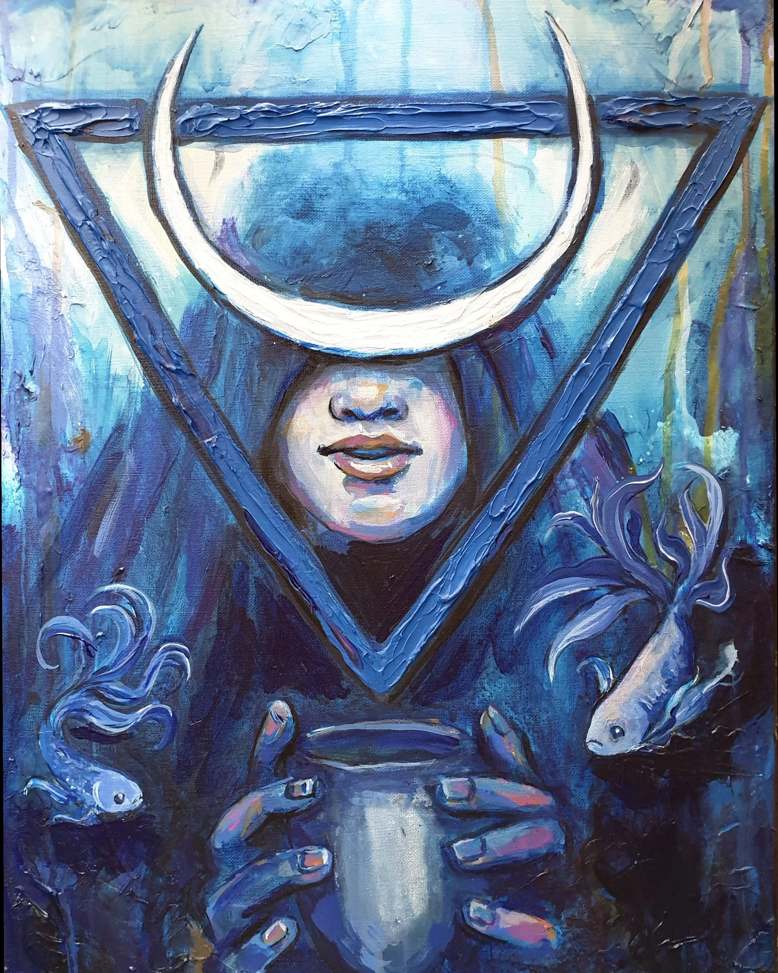A painting of a girl with a crescent moon above her face, holding a round object, with two fish swimming nearby, all depicted in shades of blue.