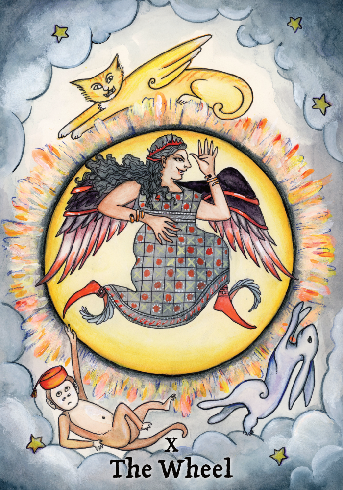 A tarot card titled 'The Wheel' depicting a central figure with wings, flying within a glowing yellow circle, surrounded by clouds, stars, a winged cat at the top, a mermaid at the bottom left, and a pelican at the bottom right.