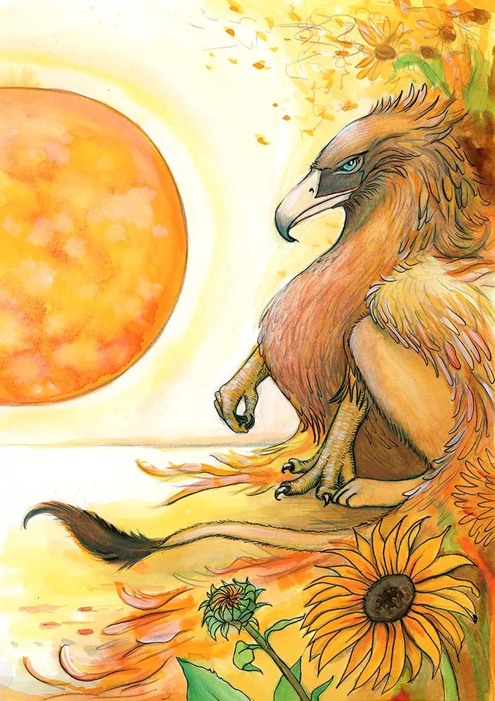 A watercolor painting of a mythical griffin sitting on a hill at sunset with sunflowers nearby.