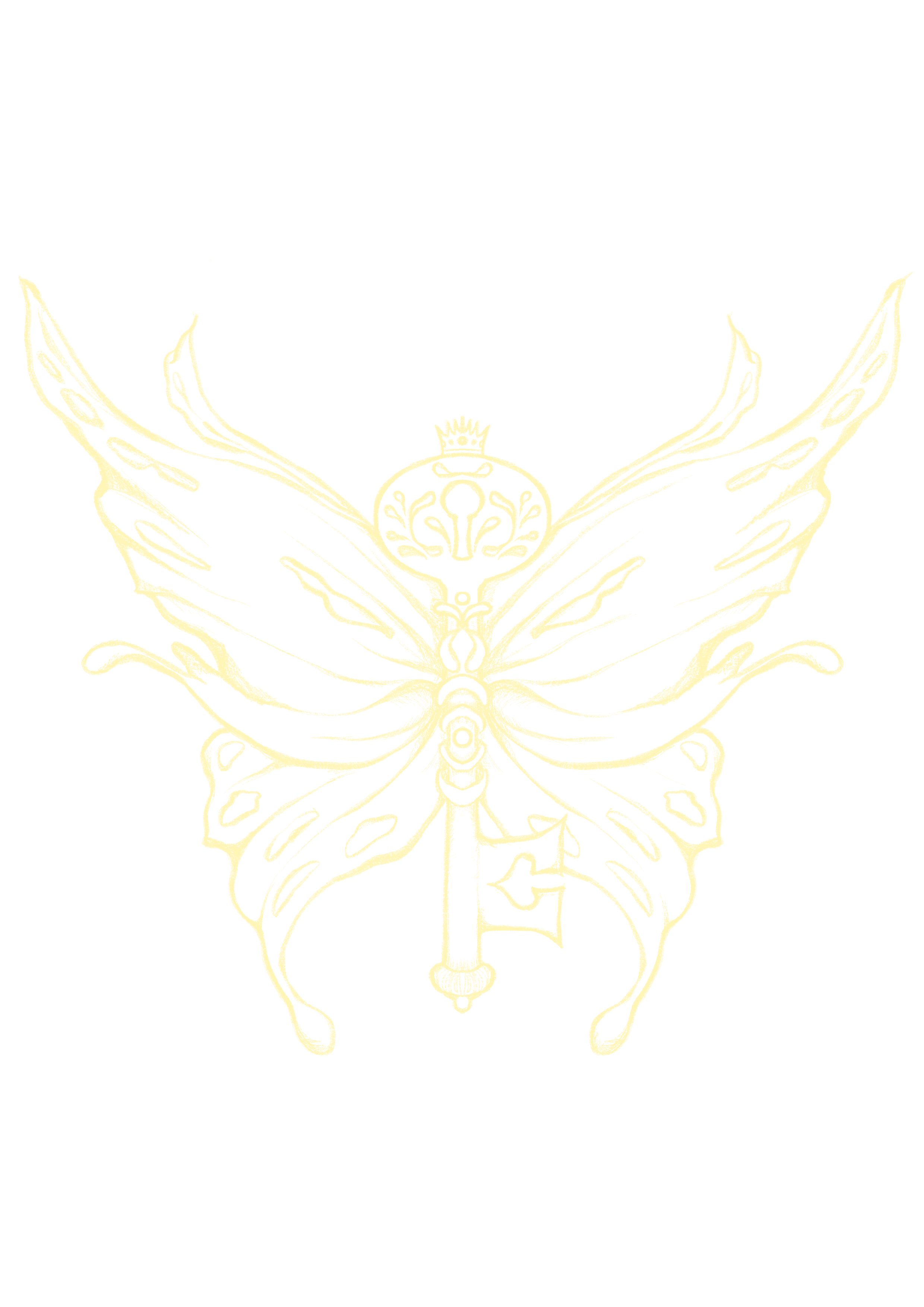 A beige line drawing of a butterfly with intricate patterns on its wings, a crown above its head, and an arrow with the letter F below its body, all set against a black background.