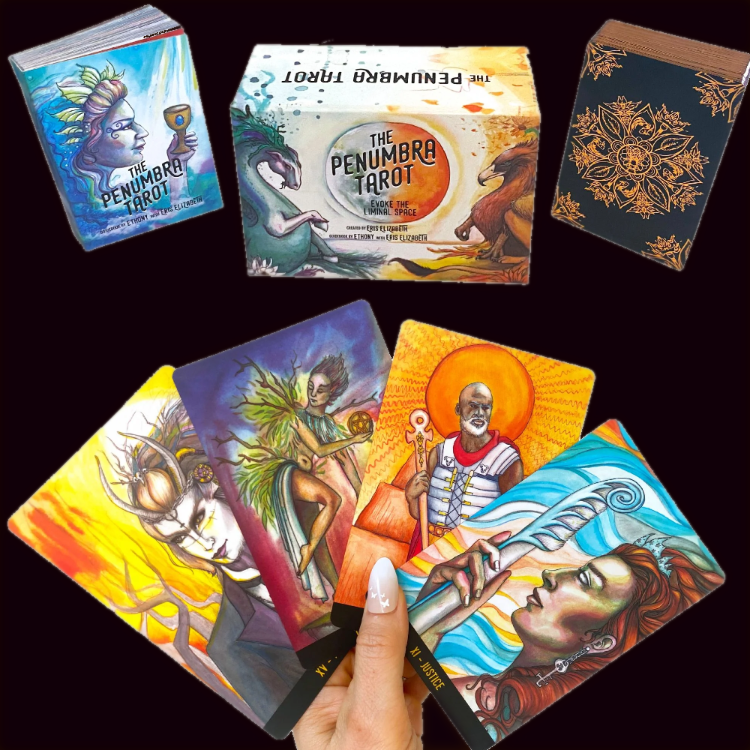 Set of Tarot cards from The Penumbra Tarot deck, with colorful, artistic illustrations featuring fantasy and mythic themes, including a woman with a crown, a wise man with a staff, and a mystical figure with tree-like features.