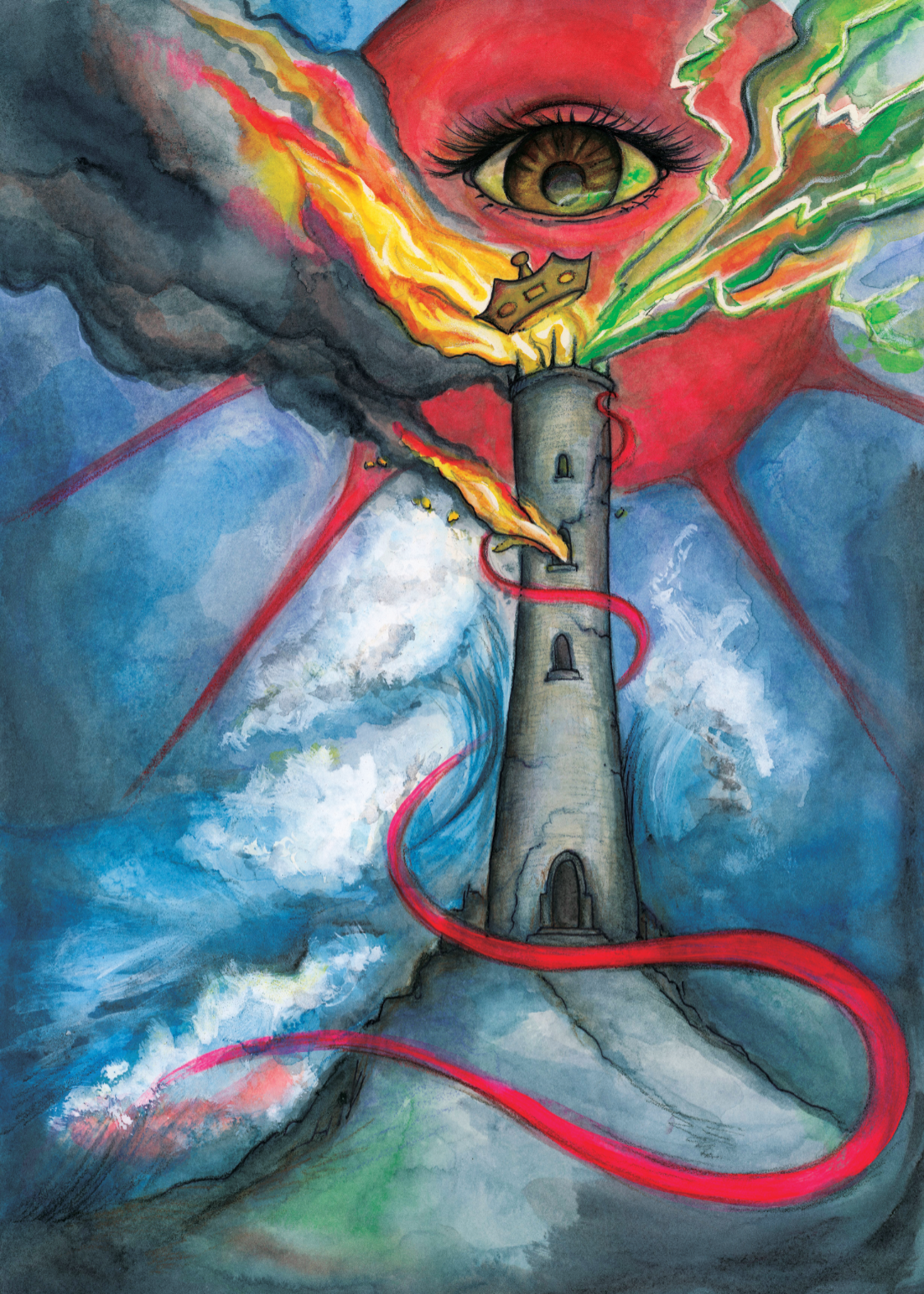 A surreal watercolor depicting a tall stone lighthouse with a large eye in the sky above, emitting colorful lightning and flames, with a red swirling trail leading around the lighthouse.