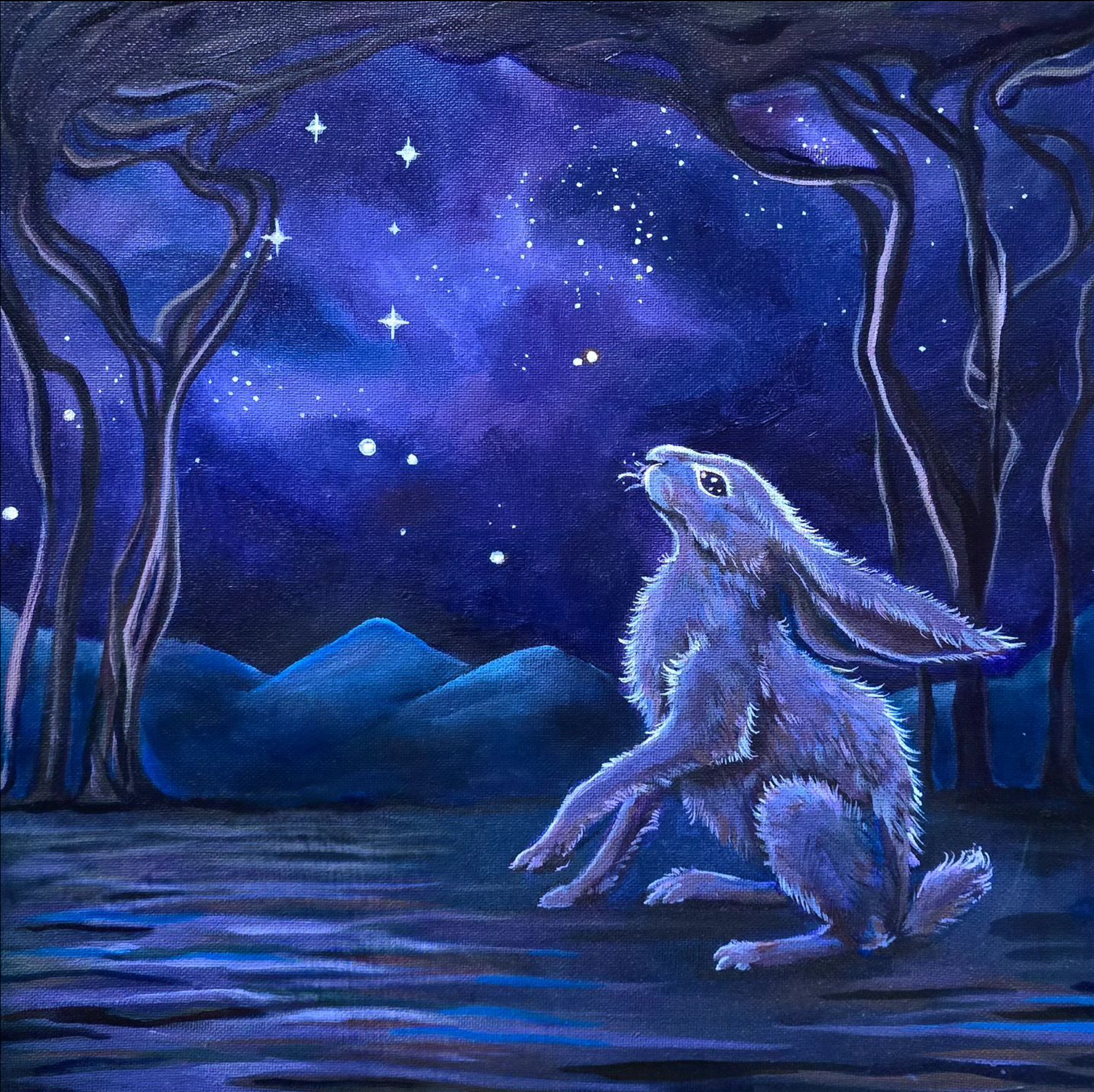 A mystical painting of a furry, alien-like creature howling under a starry night sky, surrounded by dark, twisted trees and distant mountains.
