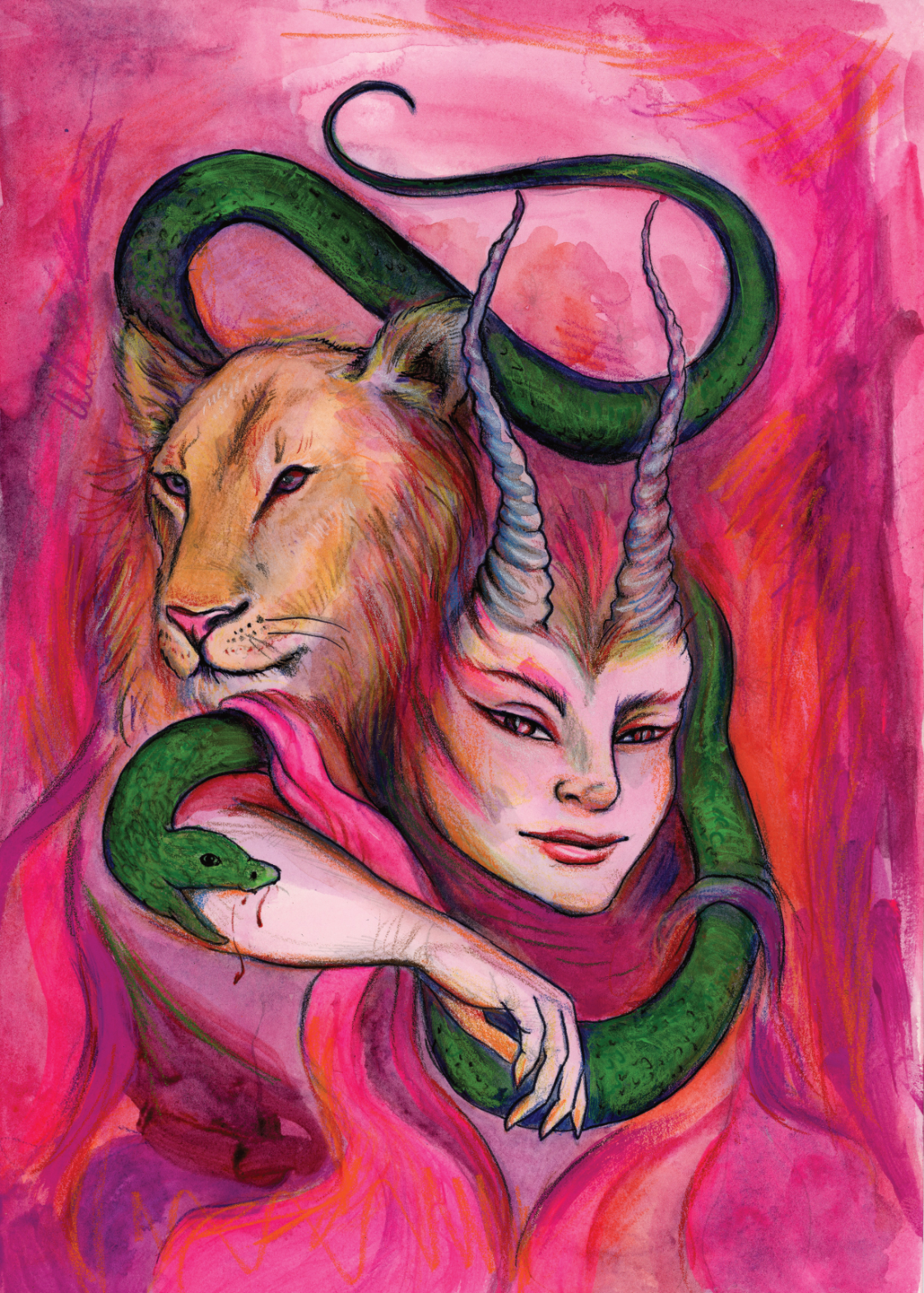 A colorful fantasy artwork featuring a woman with horns and a snake-like creature, a lion, and a green snake, all intertwined against a pink and red background.