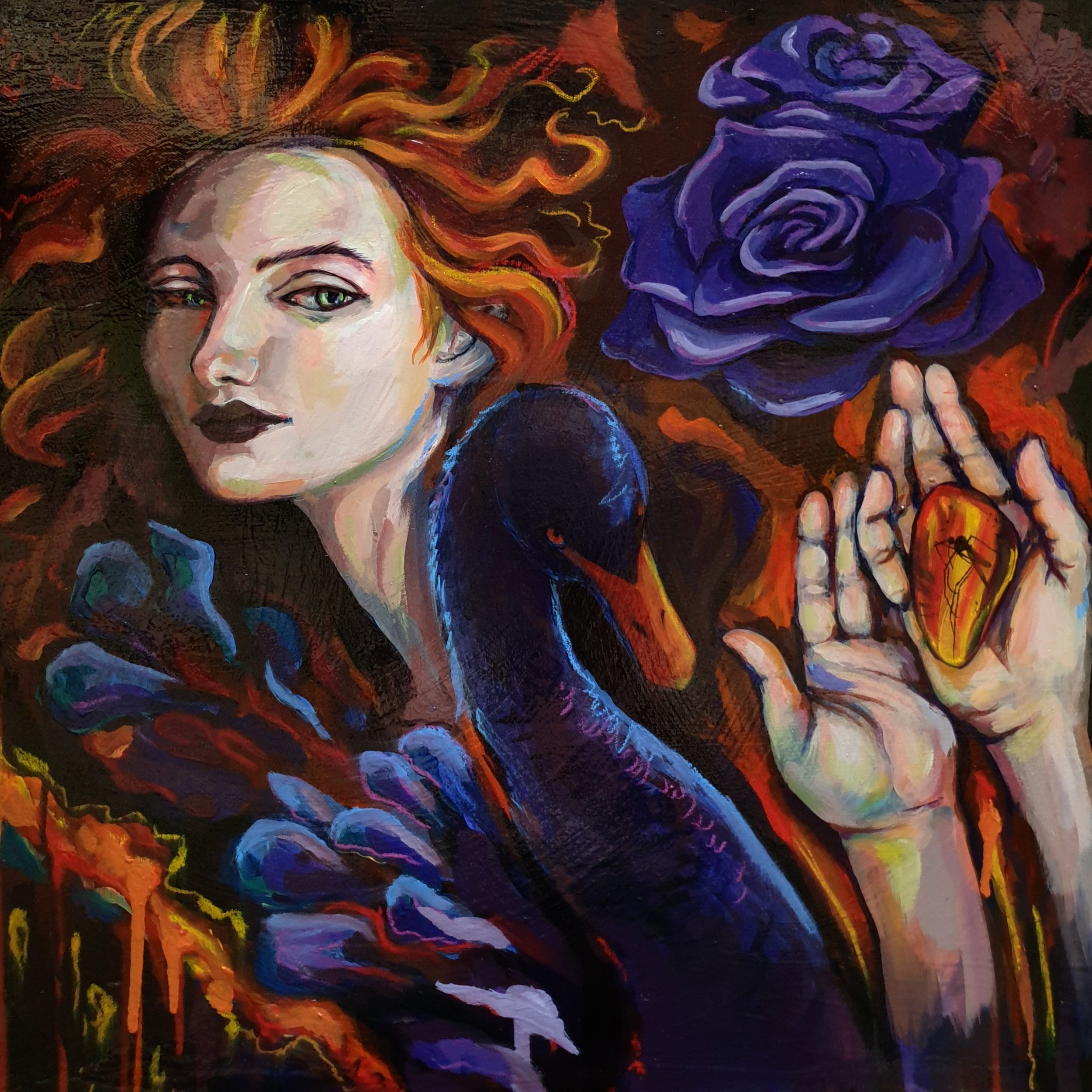 A colorful, expressive painting of a woman with red hair holding a heart with an insect on it, a large purple rose, and a black swan, all set against a dark, vibrant background.