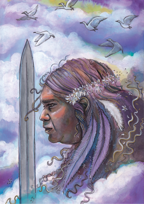 A portrait of a Native American man with long purple and brown hair adorned with white flowers and feathers, holding a large sword, surrounded by clouds and flying birds in the sky.