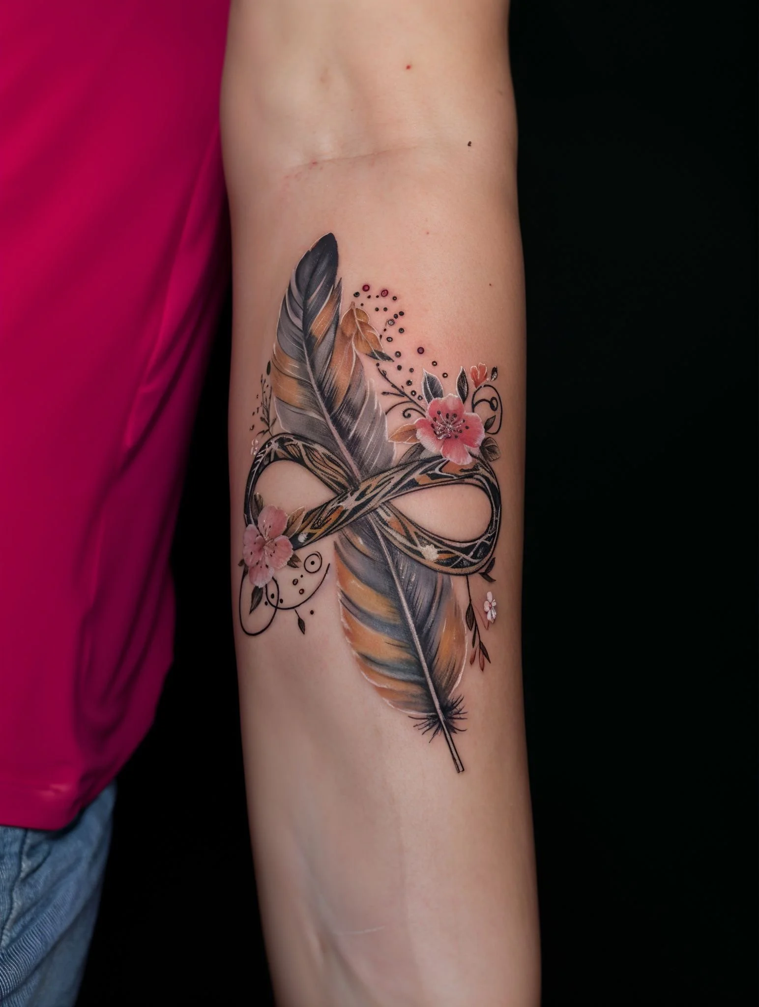Colorful tattoo of feathers, pink flowers, and decorative swirls on a person's arm.