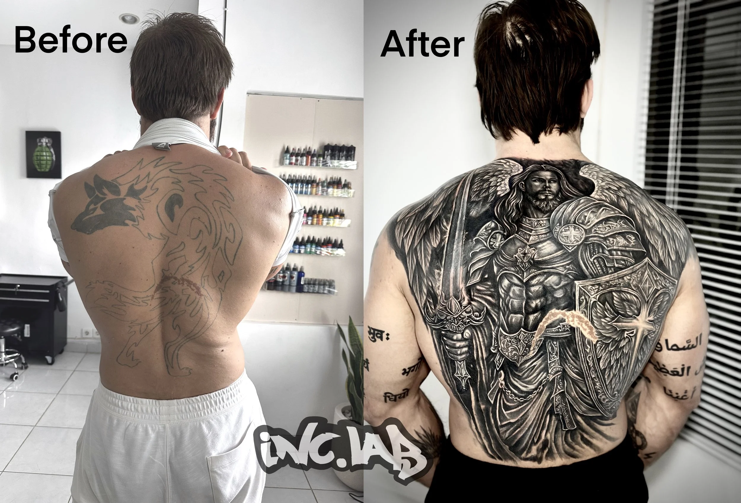 Comparison of a man's back before and after getting a large black and gray tattoo of a warrior with wings.