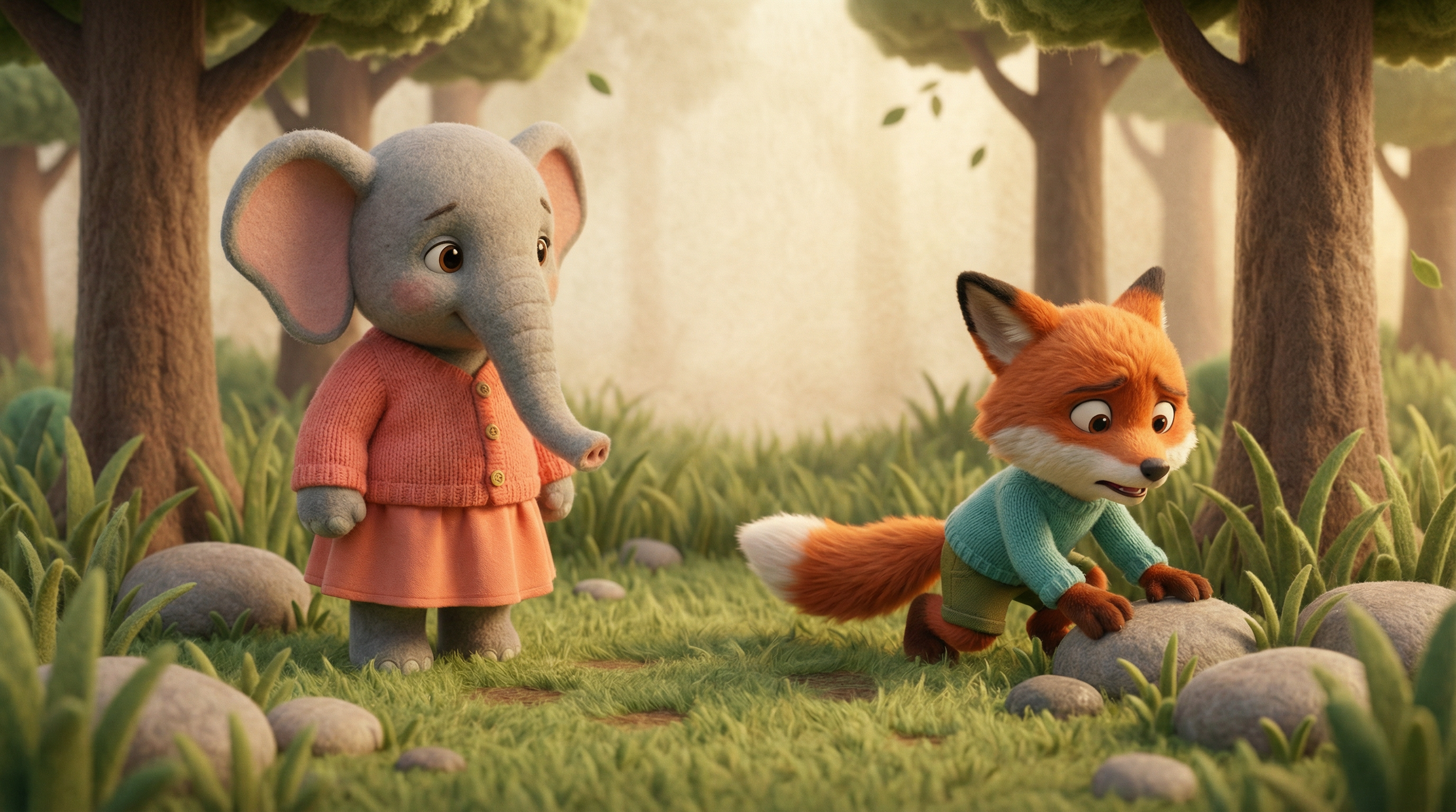 Animated scene with a baby elephant and a fox in a forest, the fox kneeling on the grass near rocks, the elephant standing and looking worried.