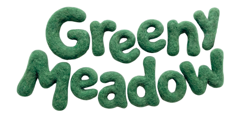 Text saying 'Greeny Meadow' in 3D green fuzzy letters.