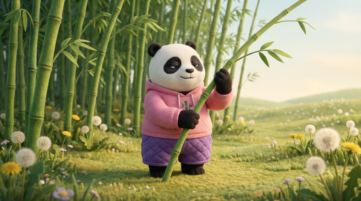 A plush panda wearing a pink hoodie and purple quilted pants stands in a lush, green field surrounded by tall bamboo stalks and dandelions, holding a bamboo shoot.