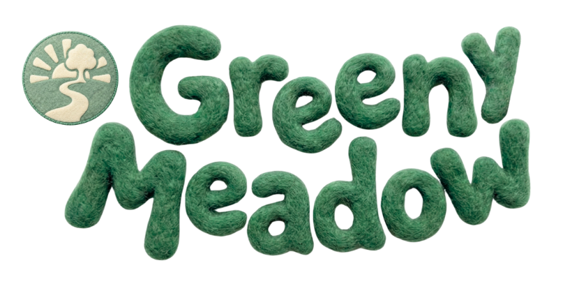 Text reads 'Greeny Meadow' in textured green style with a logo of a tree and a path inside a circle.