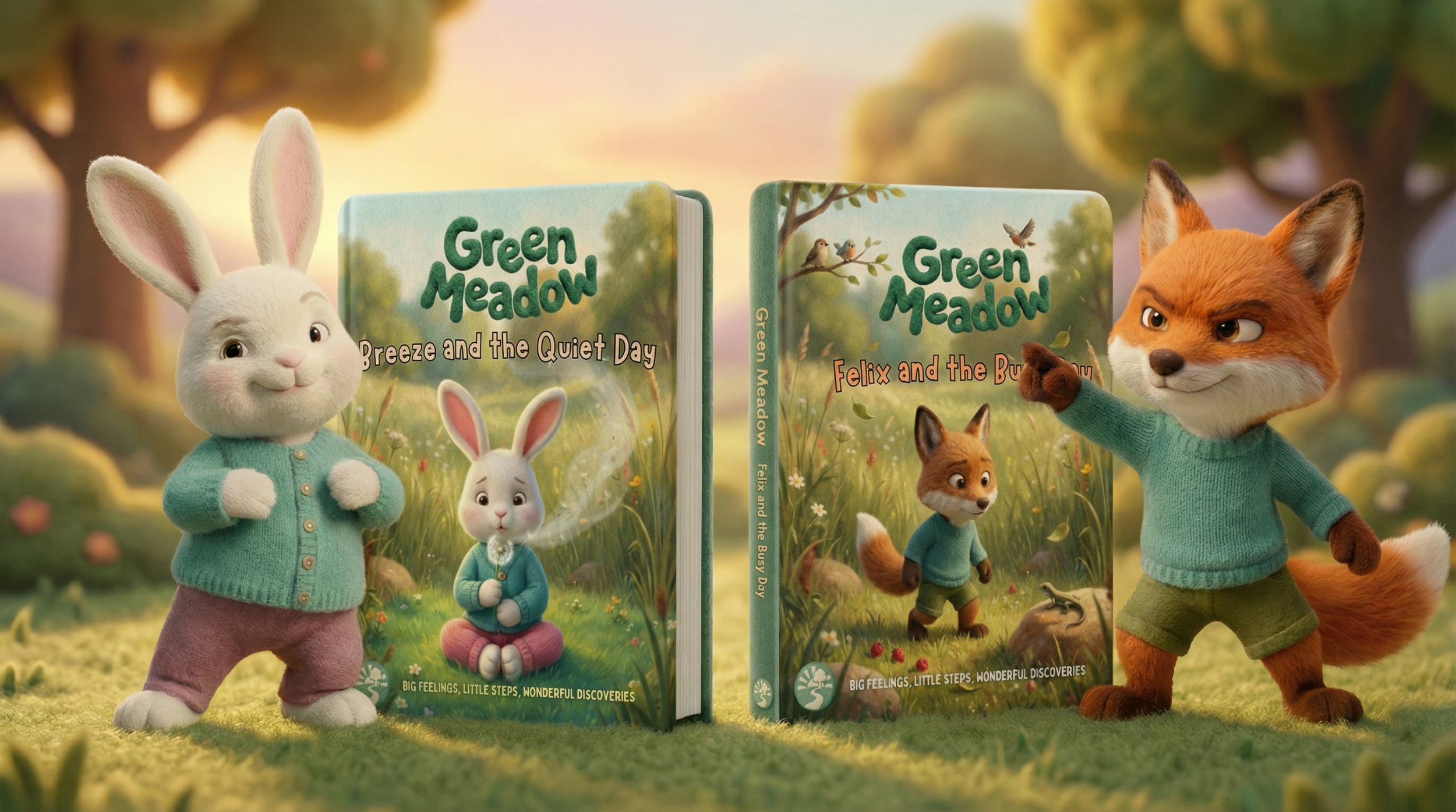 Animated scene featuring a white rabbit with long ears and a fox character, both wearing blue sweaters, standing in a lush green meadow. Two books titled 'Green Meadow Breeze and the Quiet Day' and 'Green Meadow Felix and the Busy Day' are displayed upright between them with a warm sunset background.