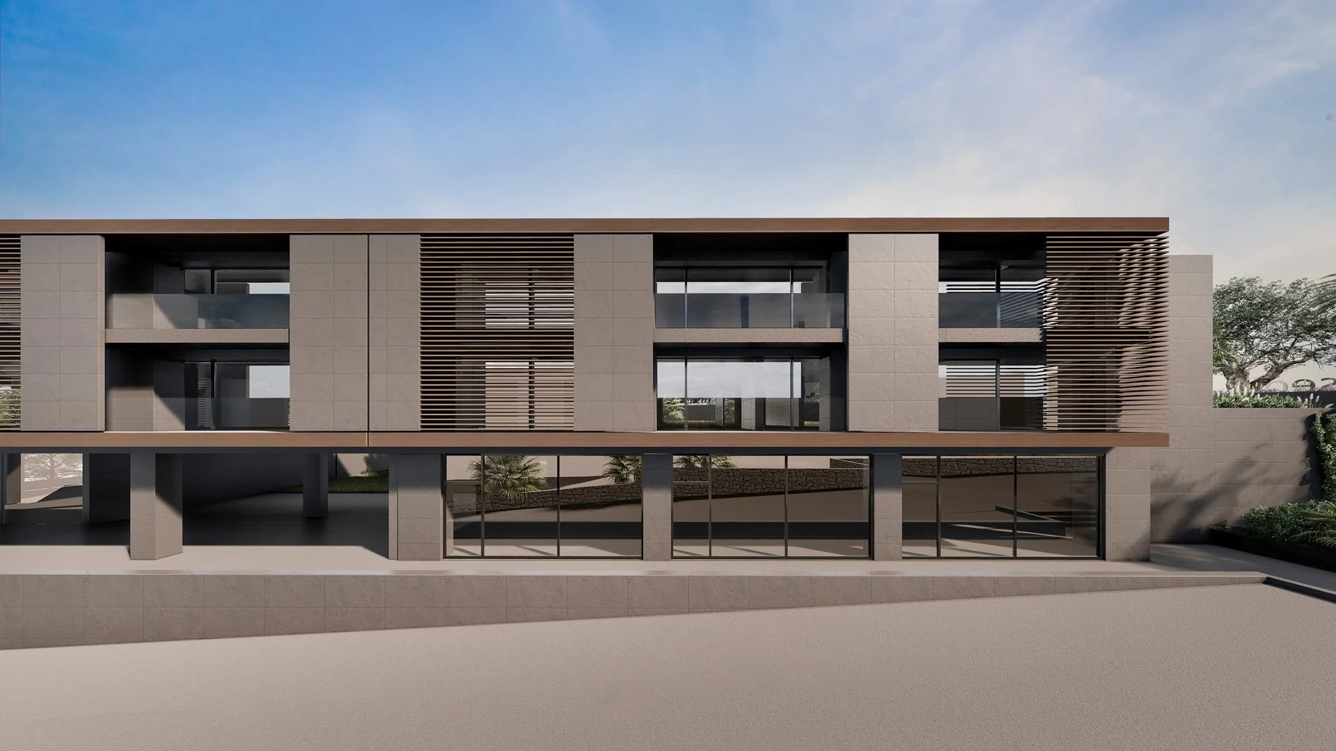 render residenze Spazio Umano Acireale Edificio moderno a tre piani con grandi finestre e decorazioni in legno, circondato da alberi e vegetazione, sotto un cielo azzurro