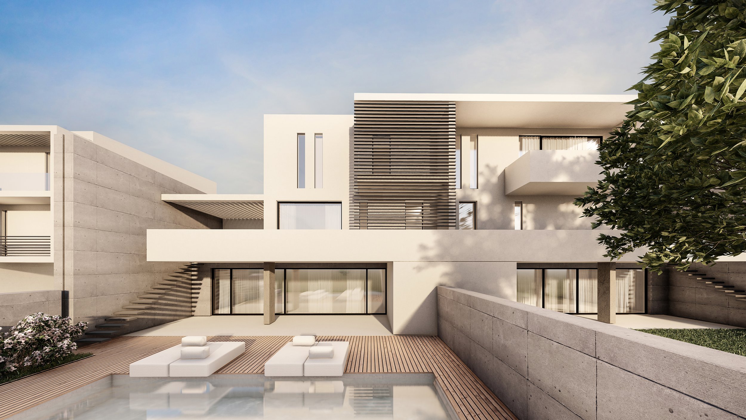 render ville Spazio Umano Acireale Facciata di un edificio moderno con pareti bianche e elementi in cemento, con terrazza e finestre ampie, alberi e mobili da esterno.