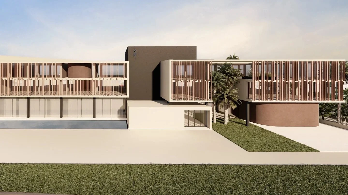 render sede Cosedil Spazio Umano Acireale  Progetto architettonico di un edificio moderno con facciate in legno e balconi con barriere di sbarre di legno, presenza di piante di palma e uno spazio verde.