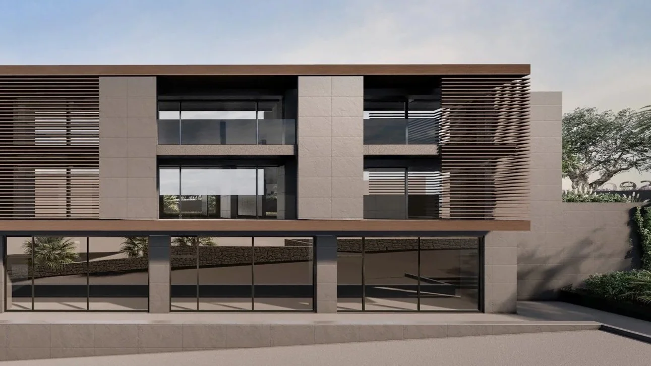 Render residenze Spazio Umano Acireale Edificio moderno con grandi finestre e utilizzo di materiali come vetro, legno e cemento.