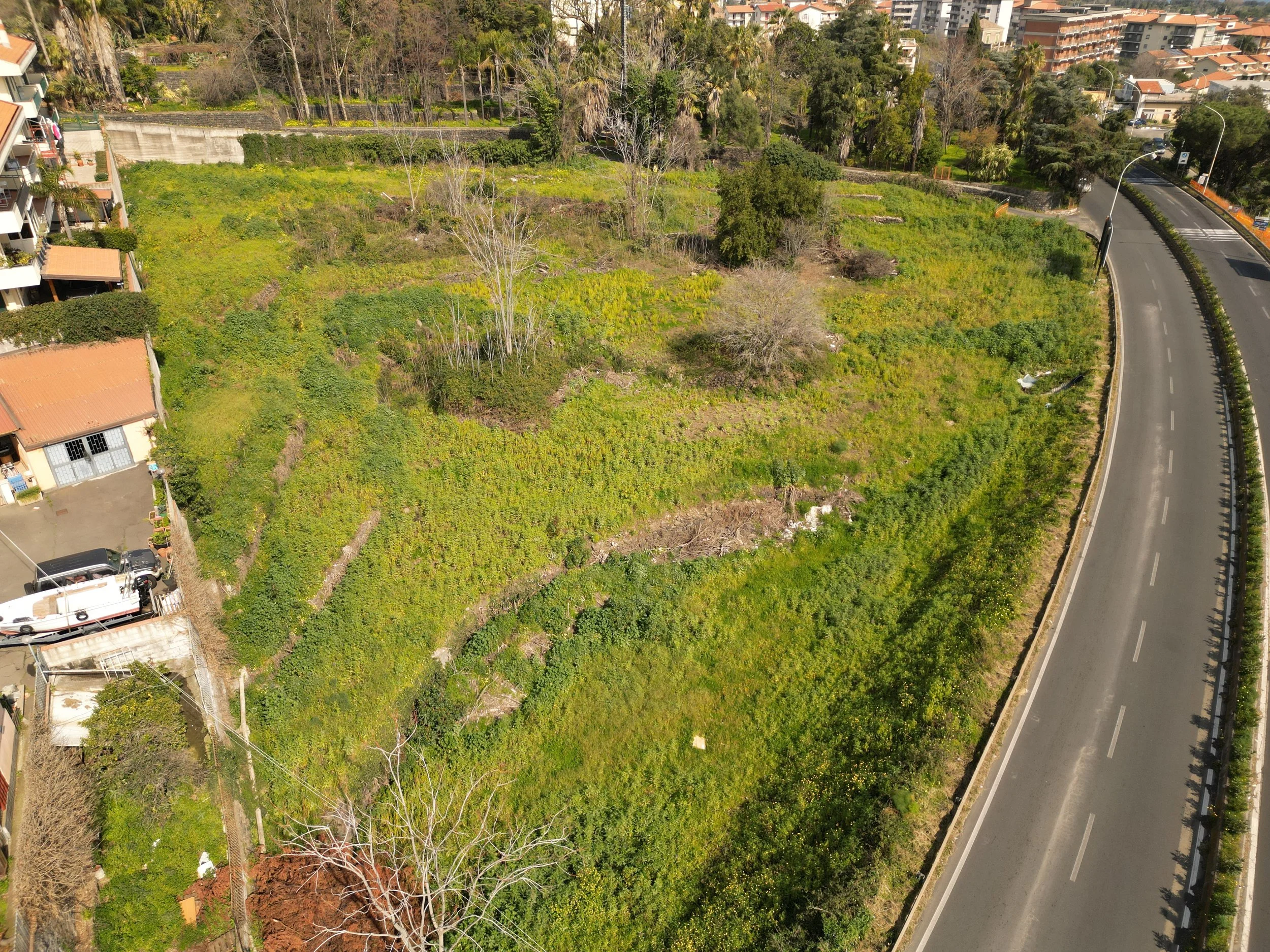 Area cantiere Spazio Umano Acireale  Zona verde con alberi e piante, a fianco di una strada curva, con alcuni edifici residenziali sullo sfondo.